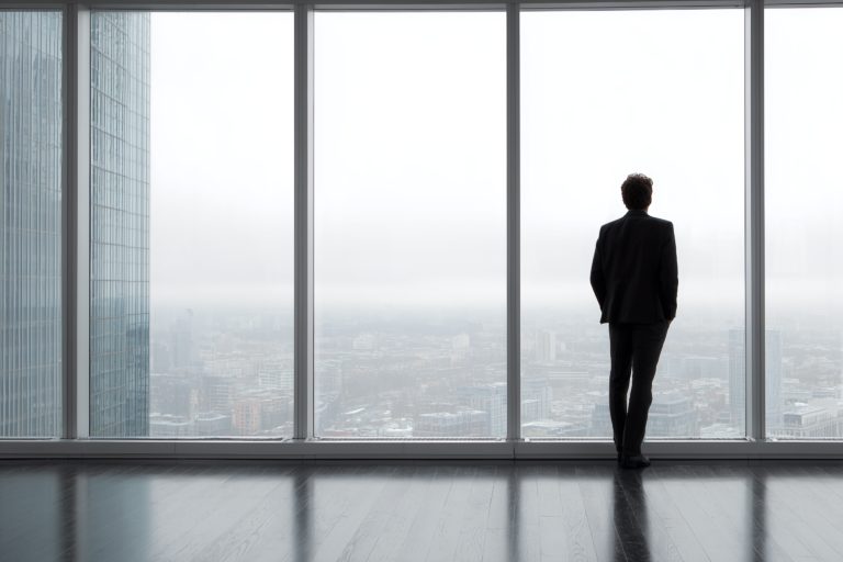 man in a suit is looking out a window office