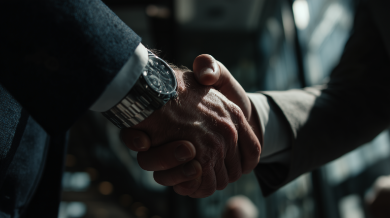 two white businessmen in formal suits about to shake hands