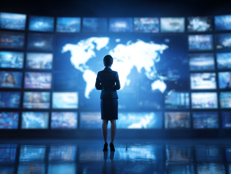 A woman standing in front of multiple international TV screens