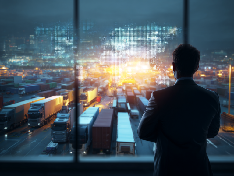 A corporate leadership concept: a confident male CEO in a modern office overlooking a busy logistics hub