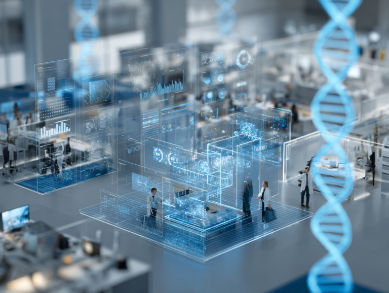 A futuristic digital collaboration scene showing two corporate teams merging