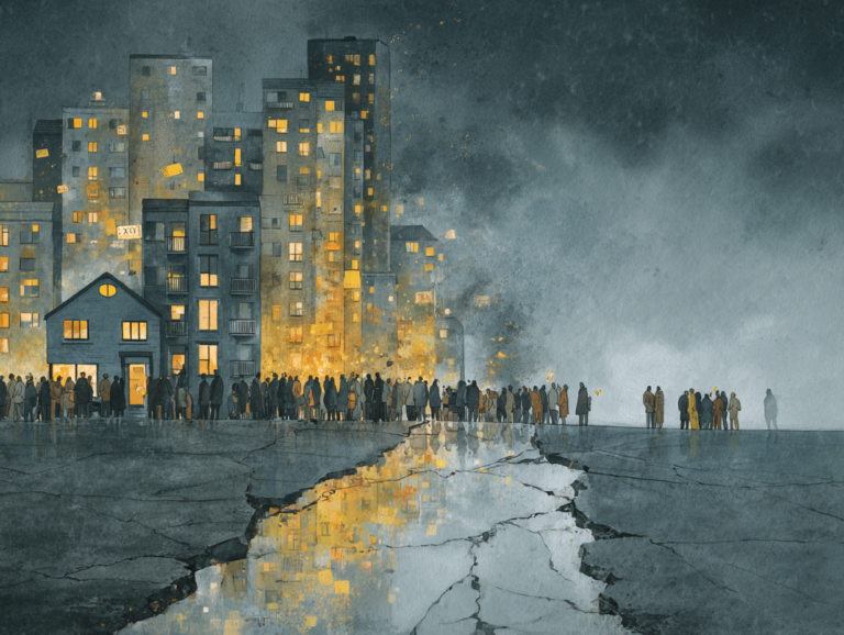 A surreal London cityscape divided in two