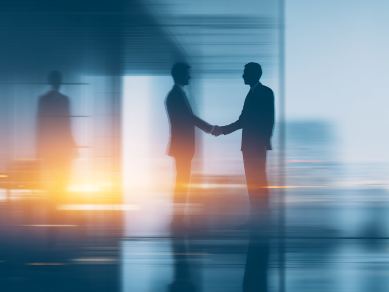 two silhouetted business figures exchanging a symbolic object in a modern office environment