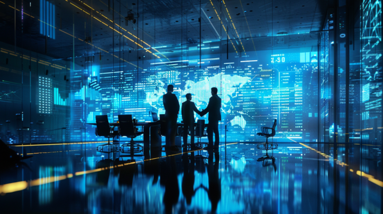 Futuristic corporate finance scene, a high-tech boardroom with digital holograms