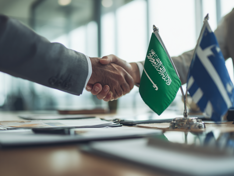 Two government ministers, one Greek and one Saudi Arabian, shaking hands in a formal business meeting