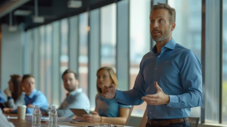 Man making a presentation in a modern office with colleagues in the background.