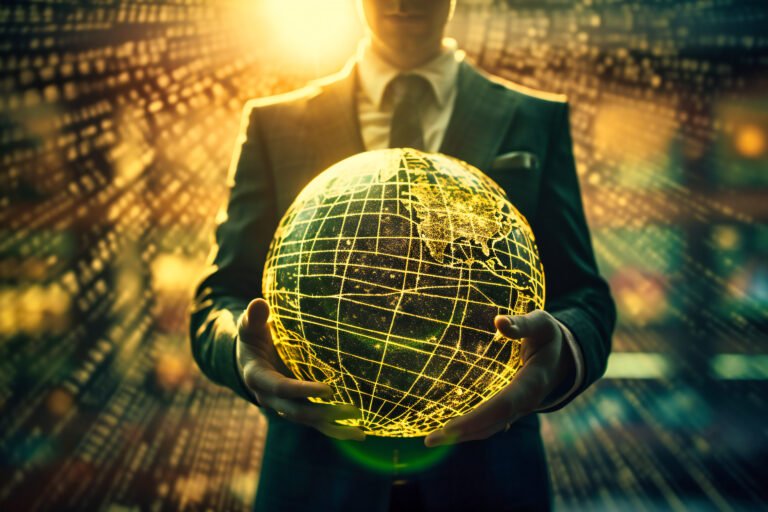 Businessman holding a global business globe connected to a vast network