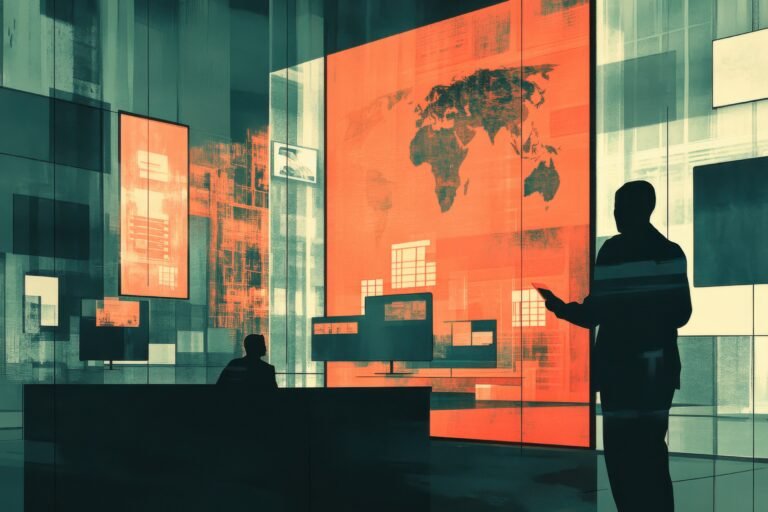 A dynamic classroom scene featuring students using tablets and laptops while a teacher guides them through a digital interactive whiteboard, showcasing technology in education.