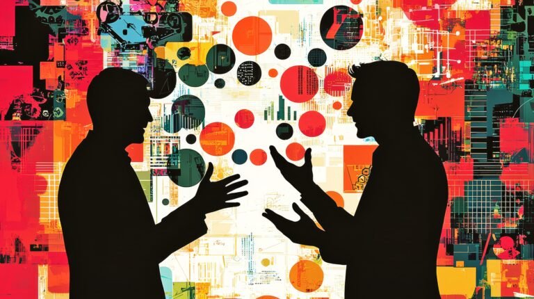 Silhouetted business leaders gesturing and engaging in dynamic strategic discussion Vibrant abstract representing corporate teamwork communication and problem solving
