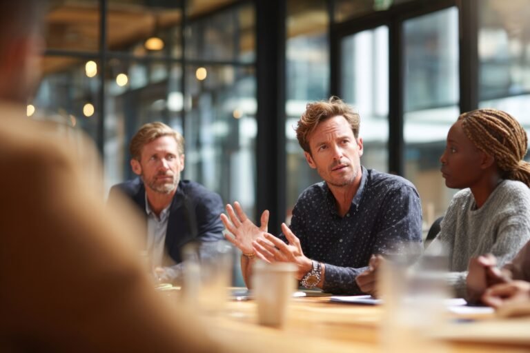 A small group of business professionals discussion meeting office.