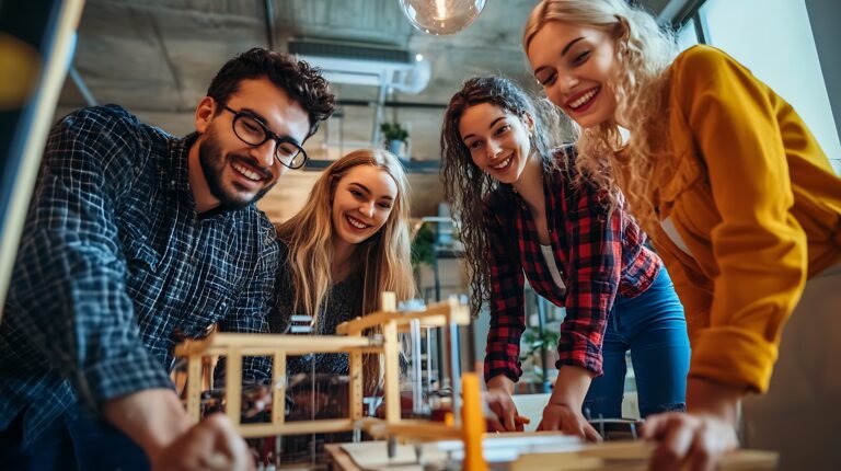 A group of four young, happy architects are gathered around a wooden model of a building, collaborating and discussing the design plans. The image captures the excitement and creative energy of the team as they work together on a challenging project. The image is perfect for illustrating the concepts of teamwork, collaboration, and innovation in the architecture and design industries.