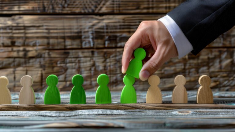 A hand adjusts a chess piece among a lineup of pawns.