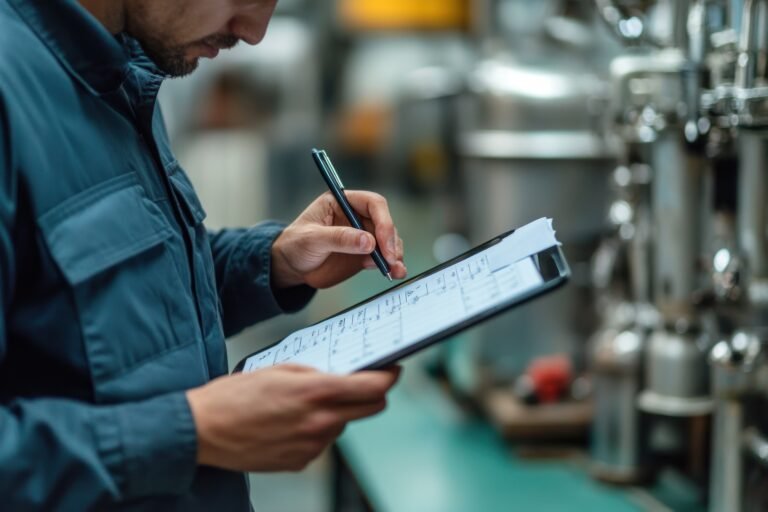 Inspector documenting product quality metrics on a tablet
