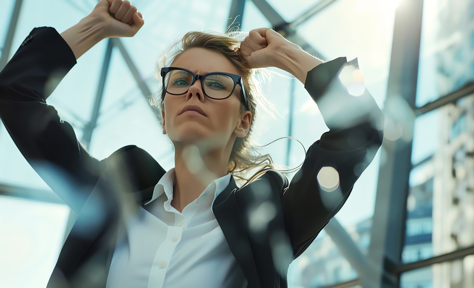 A businesswoman with a determined look on her face stands with her arms raised in triumph.