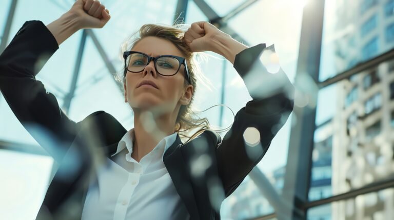 A businesswoman with a determined look on her face stands with her arms raised in triumph.
