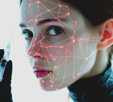 futuristic-portrait-woman-with-geometric-lines-face-holding-syringe-cosmetic-procedures-minimalistic-studio-setting