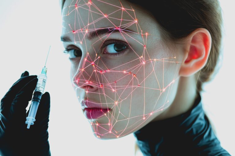 futuristic-portrait-woman-with-geometric-lines-face-holding-syringe-cosmetic-procedures-minimalistic-studio-setting