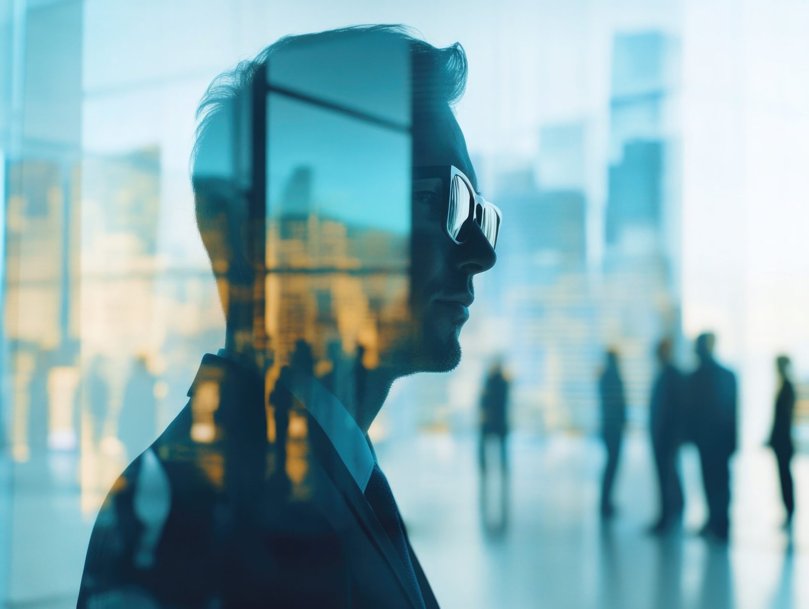 A businessman standing in a corporate setting, seen from behind with his reflection in the glass. He is looking out into an urban cityscape.