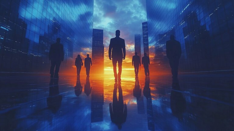 Silhouette of business people stood against a modern city skyline. Modern business team bright blue buildings background transparency bright lighting