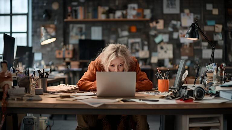 Young woman working on laptop in a creative workspace.