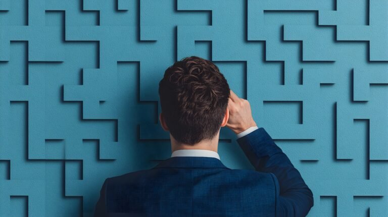 businessman-contemplating-puzzlelike-wall-design