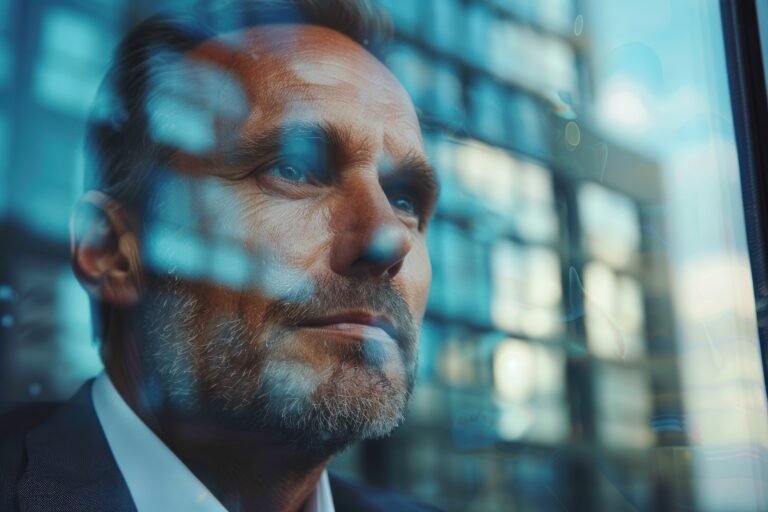 businessman looking through the window of the skyscraper. ai generative.