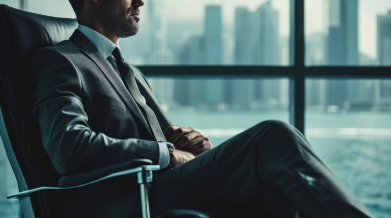 The businessman sitting on the chair with power to control the business. AIGX03.