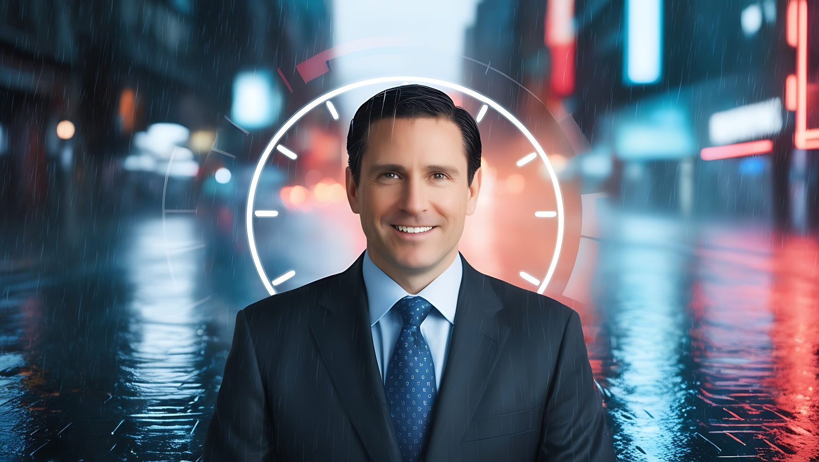 Businessman Standing Amidst Internet Technology Icons: Strategic Time Management for Effective Project Planning