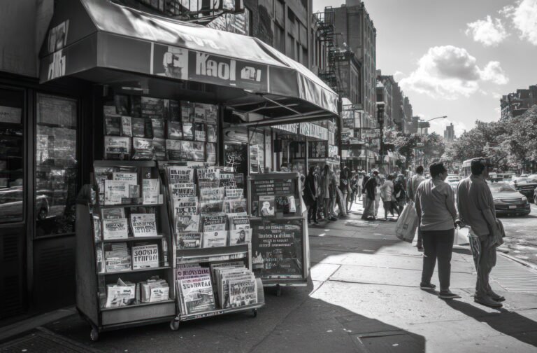 A busy street scene featuring a newsstand and pedestrians in a black-and-white urban setting.