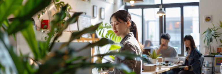 a Chinese startup team creating eco-friendly tech gadgets in a bright, modern office
