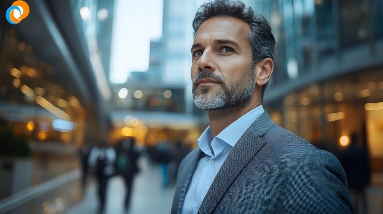 Confident middle-aged man in a suit walking in a modern urban environment.