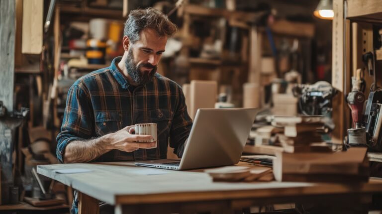 A skilled craftsman sits at a wooden table in a woodworking shop, sipping coffee while focused on his laptop, surrounded by tools and materials, fostering creativity.