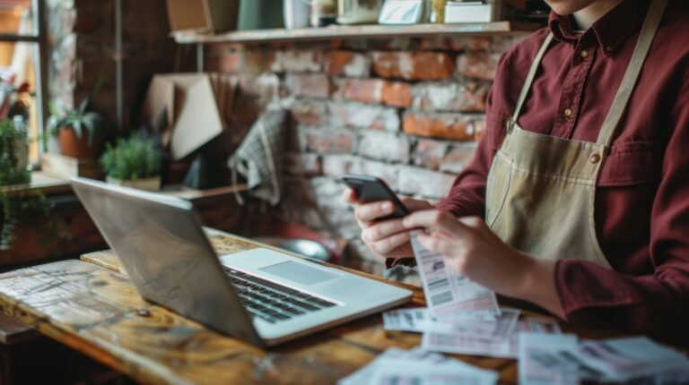 Person in apron using phone and laptop at a wooden desk in a rustic workspace.