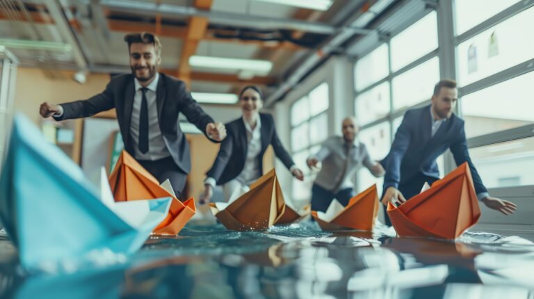 A group of business people sail paper boats across a flooded office.