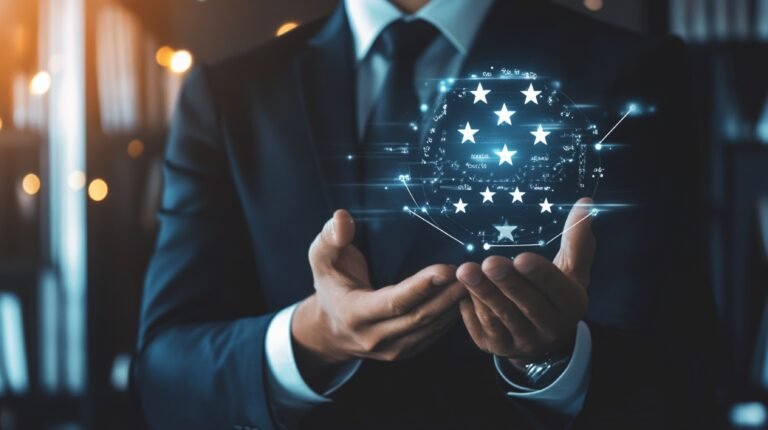 Guarantee and Quality Assurance: Businessman Showing Best Quality with Five Stars, ISO Certification, and Standardization for Products and Services