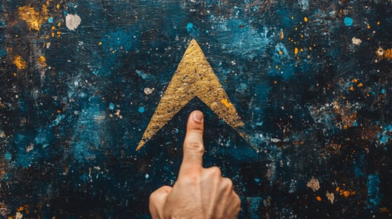 A detailed image of a hand pointing to a textured upward arrow. This striking visual represents direction, motivation, and inspiration, ideal for creative projects.