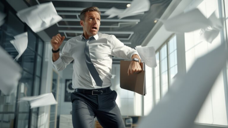 A man in a shirt and tie is running through an office with papers flying around him, creating a scene of urgency and haste.