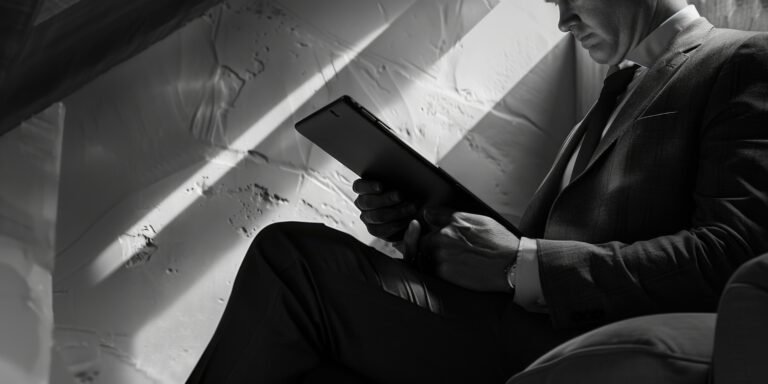 A man in a suit sitting on a chair reading a book. Suitable for business or education concepts.