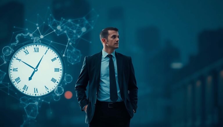 man-suit-stands-front-clock-that-says-time