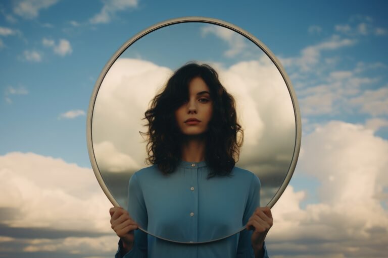 Portrait In The Mirror Of A Beautiful Girl Against sky ai generated