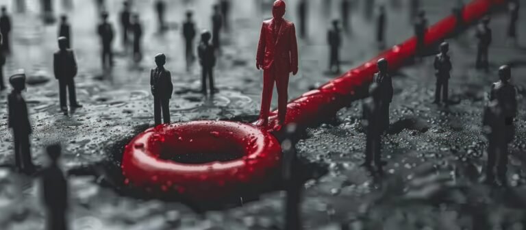 A lone red figure stands on a red lifeline, amidst a sea of black figures, symbolizing hope and leadership.