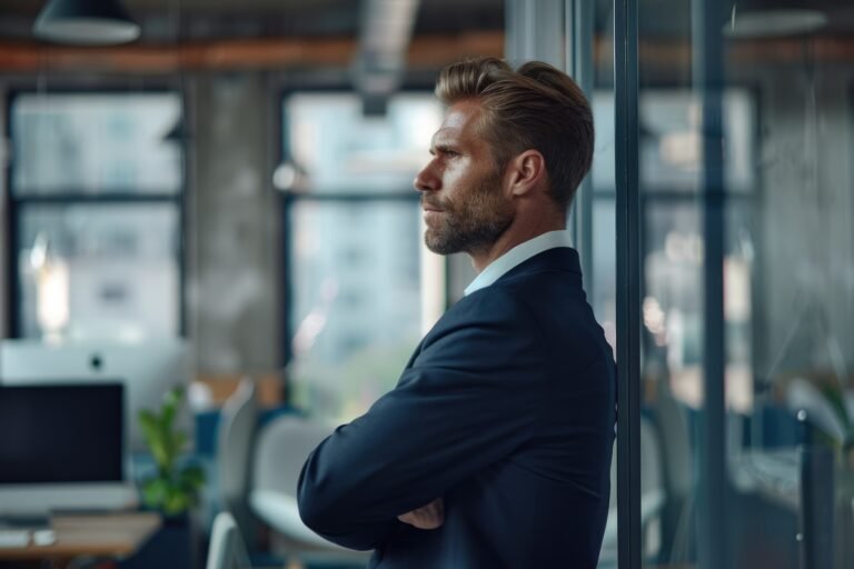 side-view-confident-businessman-dressed-suit-looking-away-while-standing-workplace