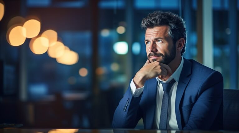 A thoughtful corporate man in a contemplative pose, surrounded by the soft glow of warm office lighting