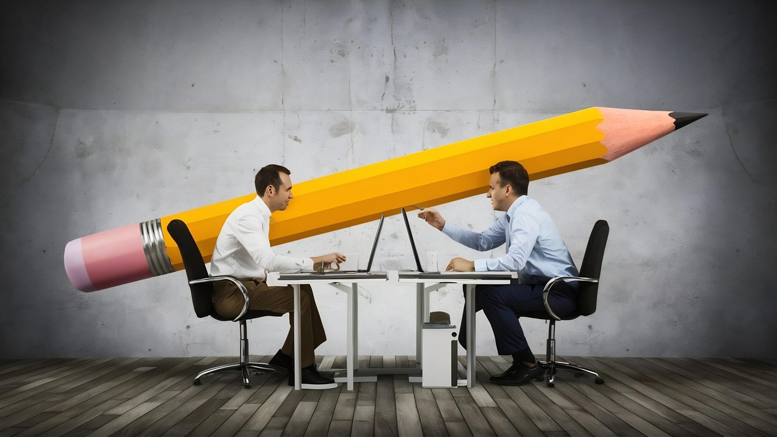 two colleagues working together office with huge giant pencil