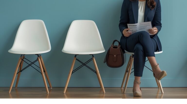 Woman in formal attire holds a document while seated in a modern waiting area with empty chairs.
