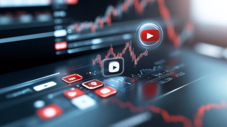 A modern abstract representation of digital stock market trends, showcasing data analysis on various platforms with visual indicators and interactive elements.