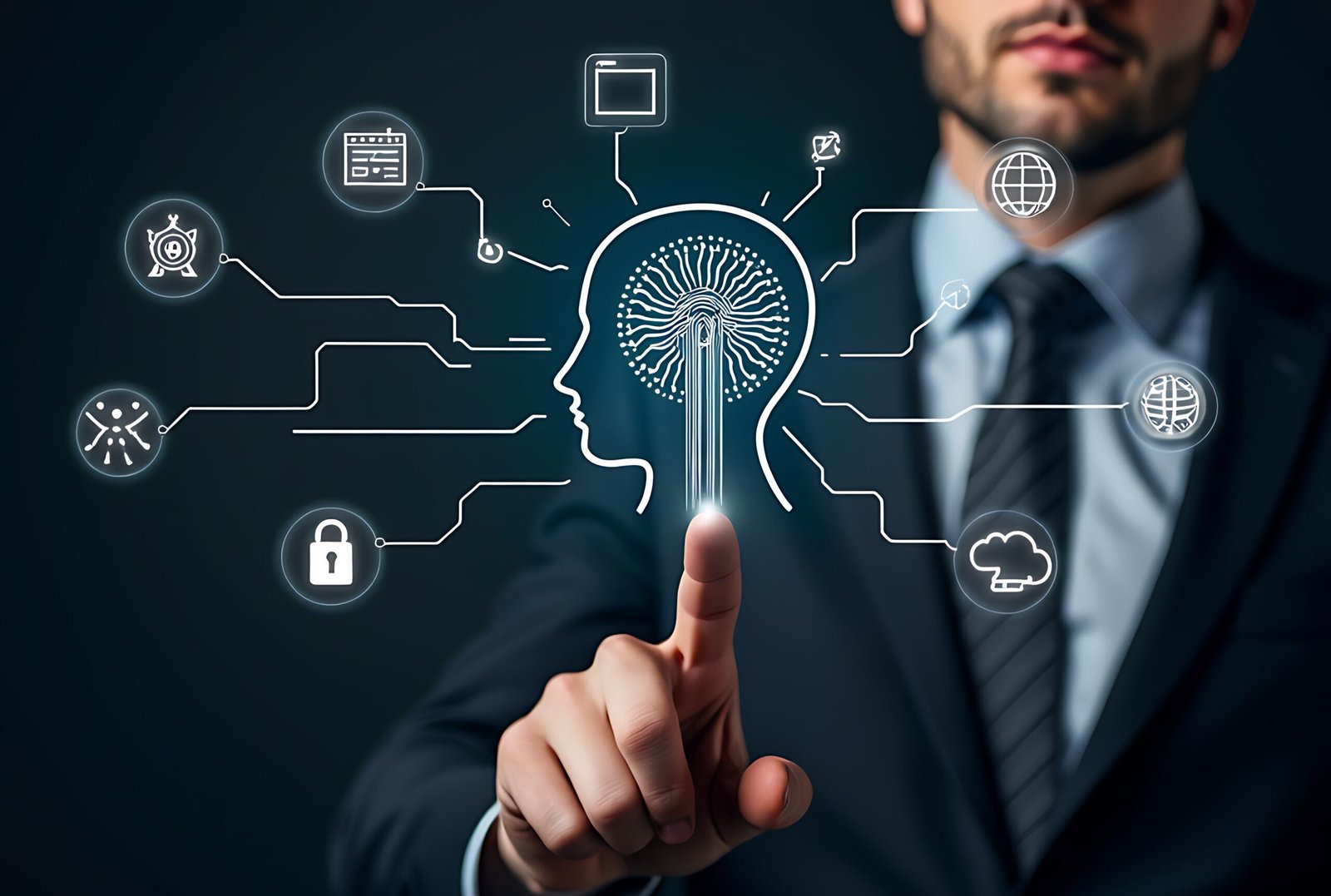 Businessman Pointing at AI Head Outline with Circuits
