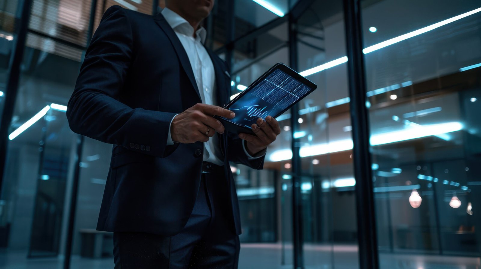 Businessman in a suit using a digital tablet in a modern office at night.