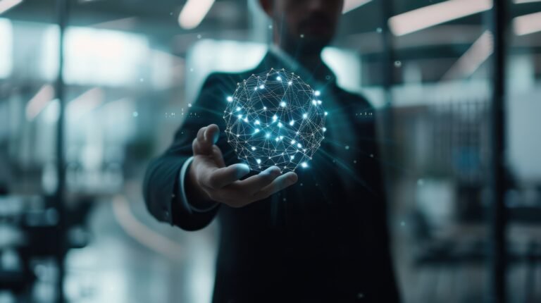 Hand holding an illuminated digital network sphere in a modern office.