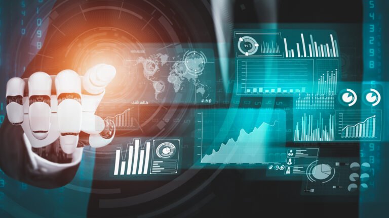 Futuristic robot artificial intelligence revolutionary AI technology development and machine learning concept. Global robotic bionic science research for future of human life. 3D rendering graphic.